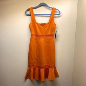 LULUS SZ XS NWT Bright Orange Fitted Cutout Lace Detail Ruffle Hem Summer Dress